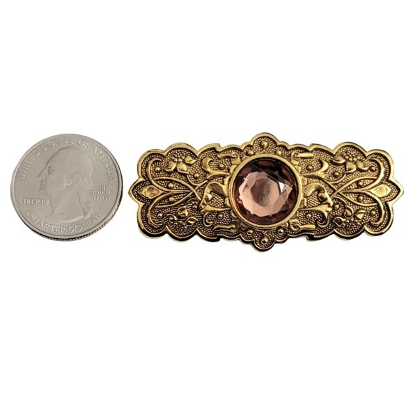 The Vatican Library Collection Gold Tone Pink Rhinestone Bar Pin Brooch, Signed - Picture 2 of 7
